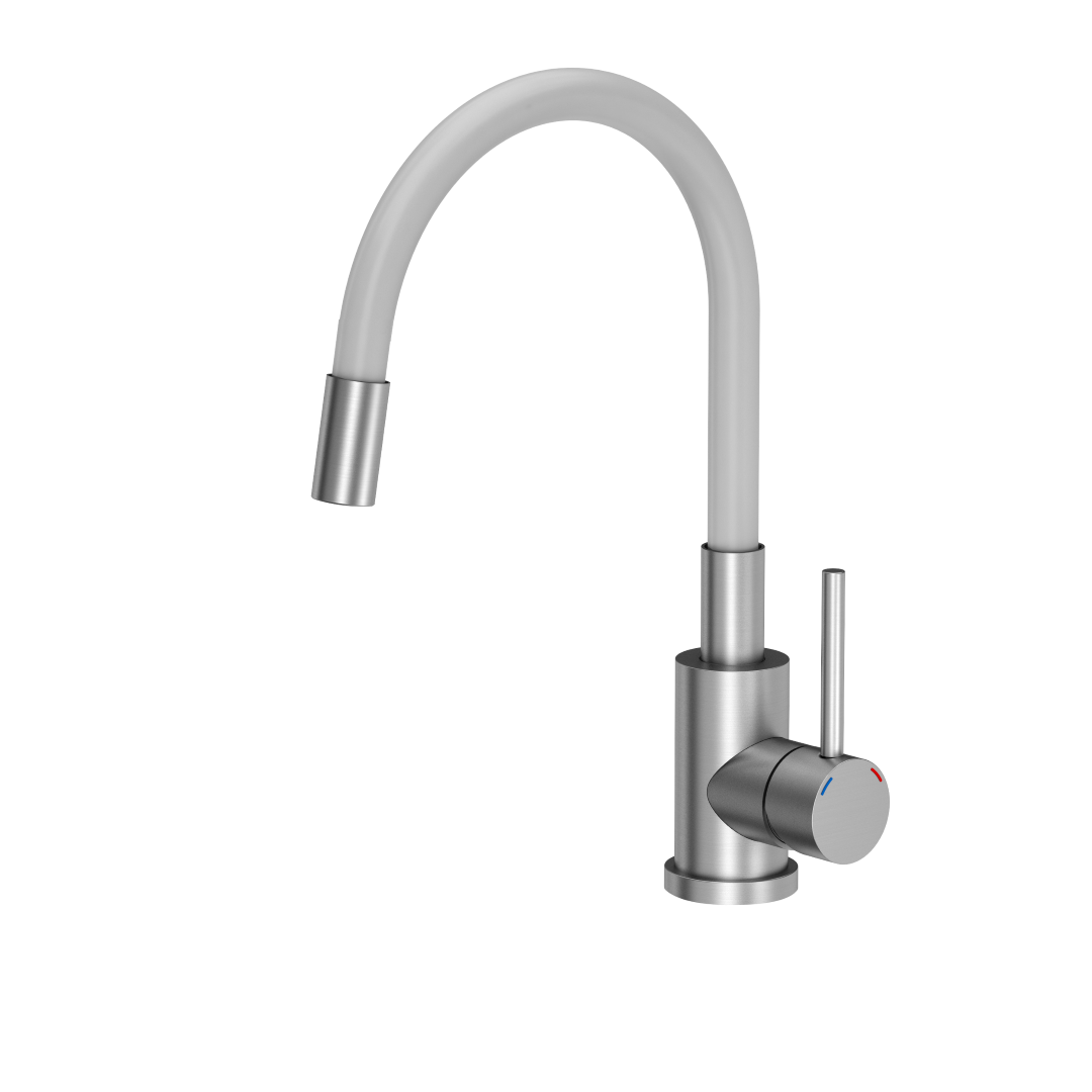 Miscelatore monocomando in acciaio inox per lavello satinato con canna flessibile bianca